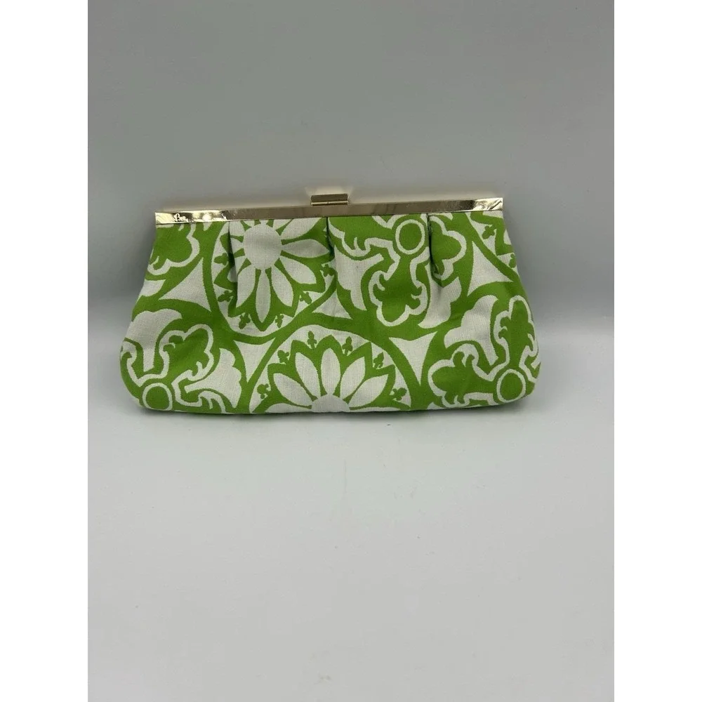 Vintage Lilly Pulitzer Clutch green & white floral print gold-tone metal frame